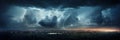 Panorama Dark cloud at night with thunder bolt. Heavy storm bringing thunder, lightnings and rain in summer Royalty Free Stock Photo