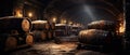 Panorama of dark wine cellar with old wooden barrels, vintage brown oak casks in storage of winery. Concept of vineyard, Royalty Free Stock Photo