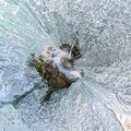 Panorama dawn in an ice cave with icicles on Baikal, Olkhon