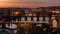 Panorama, dawn over the city of Prague, Czech Republic, aerial view on Manes Bridges, Charles Bridge and Legion Bridge Royalty Free Stock Photo