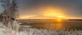 Panorama of dawn on the Reftinsky reservoir in winter, Russia Ural,