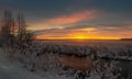 Panorama of dawn on the Reftinsky reservoir in winter, Russia Ural,