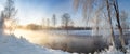 Panorama of dawn on the Reftinsky reservoir in winter, Russia Ural,