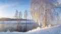 Panorama of dawn on the Reftinsky reservoir in winter, Russia Ural,