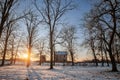 Panorama of a decayed abandoned train station in winter, at dusk. It is the neglected and decaying in a train station in Crepaja Royalty Free Stock Photo