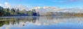 Panorama of Deer Lake in morning fog, Burnaby, British Columbia, Canada Royalty Free Stock Photo