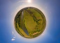 Panorama 360 degree at air. Aerial view of the river, fields. Royalty Free Stock Photo