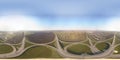 Panorama by 360 degrees angle seamless panorama of aerial view of highway intersection junction summer morning with car Royalty Free Stock Photo