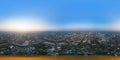 360 panorama by 180 degrees angle seamless panorama view of aerial top view of Phra Pathommachedi temple at sunset. The golden