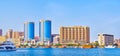 Panorama of Deira skyline with iconic Deira Twin Towers, on March 1 in Dubai, UAE Royalty Free Stock Photo