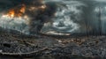 A panorama of destruction with burnt trees ashcovered ground and dark storm clouds looming ominously overhead. The