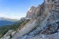 Panorama of Dibona mountain hut and colorful triassic rocks at the foots of Tofana di Rozes