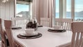 Panorama Dining room with mountain lake neighborhood and porch view through the windows Royalty Free Stock Photo