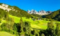 Panorama of the Dolomites with a chruch at Santa Maddalena in Italy