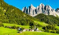 Panorama of the Dolomites with a chruch at Santa Maddalena in Italy