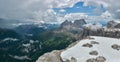 Panorama of Dolomites from Sass Pordoi, Italy. View of Sassolungo, Sassopiatto and Sella mountains