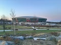 Panorama of the Donbass Arena football stadium park. Modern architecture. Sights of the city of Donetsk.