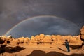 A Panorama of a Double Rainbow over Goblin Valley Utah