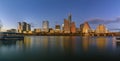 Panorama of downtown Austin Texas across Lady Bird Lake at sunset golden hour Royalty Free Stock Photo