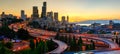 Panorama downtown Seattle and light trails on I-90, I-5 highway Royalty Free Stock Photo