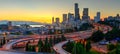 Panorama downtown Seattle and light trails on I-90, I-5 highway Royalty Free Stock Photo