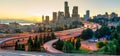 Panorama downtown Seattle and light trails on I-90, I-5 highway Royalty Free Stock Photo