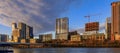 Panorama with downtown view across Lady Bird Lake or Town Lake on Colorado River at sunset golden hour, Austin Texas USA Royalty Free Stock Photo