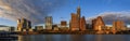 Panorama with downtown view across Lady Bird Lake or Town Lake on Colorado River at sunset golden hour, Austin Texas USA Royalty Free Stock Photo