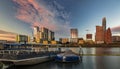 Panorama with downtown view across Lady Bird Lake or Town Lake on Colorado River at sunset golden hour, Austin Texas USA Royalty Free Stock Photo