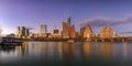 Panorama with downtown view across Lady Bird Lake or Town Lake on Colorado River at sunset golden hour, Austin Texas USA Royalty Free Stock Photo