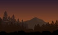Panorama of dramatic silhouettes of mountains and trees from the edge of the city at dusk in the afternoon. Vector