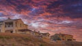 Panorama Dramatic sunset with clouds Fenced residential buildings on top of a hill at San Diego, Cali Royalty Free Stock Photo
