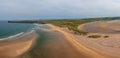 Panorama drone landscape view of the beautiful golden sand beach at Lacken Strand on the coast of North Mayo in Ireland