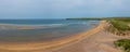 Panorama drone landscape view of the beautiful golden sand beach at Lacken Strand on the coast of North Mayo in Ireland