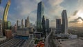 Panorama of Dubai International Financial district aerial night to day timelapse. View of business office towers. Royalty Free Stock Photo