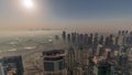 Panorama of Dubai Marina with JLT skyscrapers and golf course during sunrise timelapse, Dubai, United Arab Emirates. Royalty Free Stock Photo