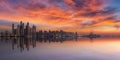 Panorama of Dubai Marina skyline at sunset with a beautiful dramatic sky