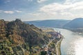 Panorama of Duernstein village with castle and Danube river during autumn in Austria