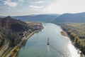 Panorama of Duernstein village with castle and Danube river during autumn in Austria