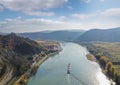 Panorama of Duernstein village with castle and Danube river during autumn in Austria