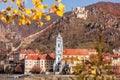 Panorama of Duernstein village with church and castle during autumn in Wachau valley, Austria, UNESCO