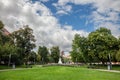 Panorama of the Dugonics Ter square in the city center of Szeged, Hungary, with the Dugonics andras statue, dedicated to the Royalty Free Stock Photo