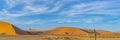 Panorama from dunes 45 with sign of Namib Desert at Sossusvlei in the morning time, Namibia Royalty Free Stock Photo