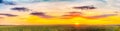 Panorama Of Eared Wheat Field, Summer Cloudy Sky In Sunset Dawn Sunrise