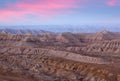 Panorama of Earth Forest National Geopark and Himalayas at sunset in Western Tibet, China Royalty Free Stock Photo