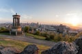 Panorama of Edinburgh against sunset with Calton Hill and castle in Scotland Royalty Free Stock Photo