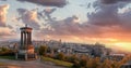 Panorama of Edinburgh against sunset with Calton Hill and castle in Scotland Royalty Free Stock Photo