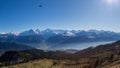 Panorama of Eiger, Moench and Jungfrau mountains with blue sky