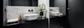 Black bathroom with mirror wall, panorama Royalty Free Stock Photo
