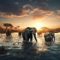 Panorama of elephant herd in water